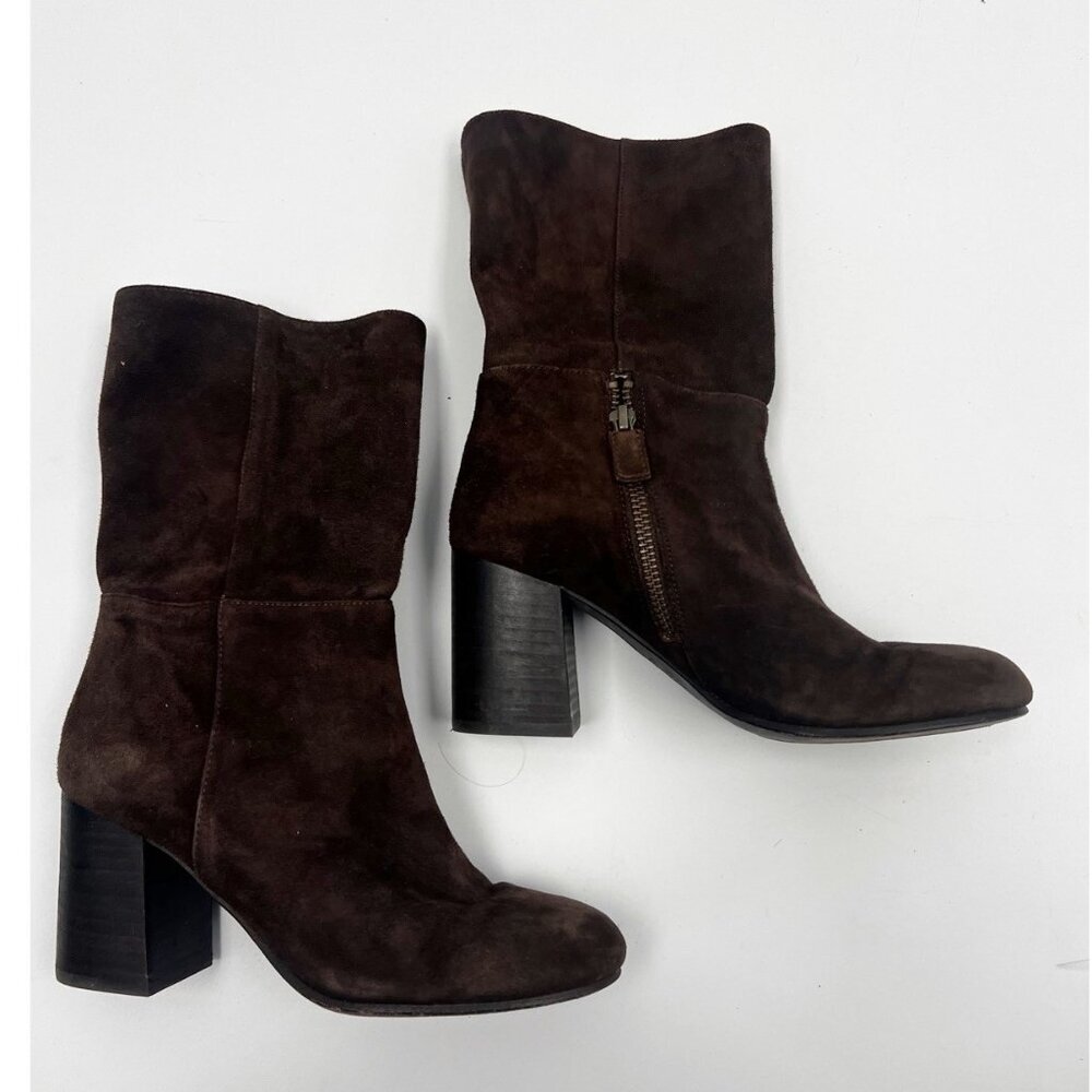 Eileen Fisher  Brown Soft Suede Cinch Ankle Boots Block Heel Sz 6